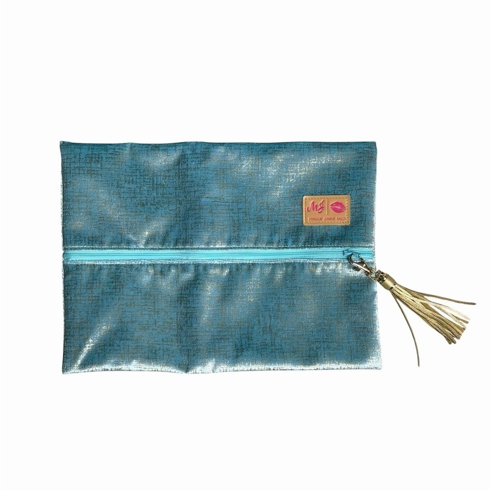Makeup Junkie Bags Makeup Bag Blue Metallic Pouch w/ Tassel & Clip